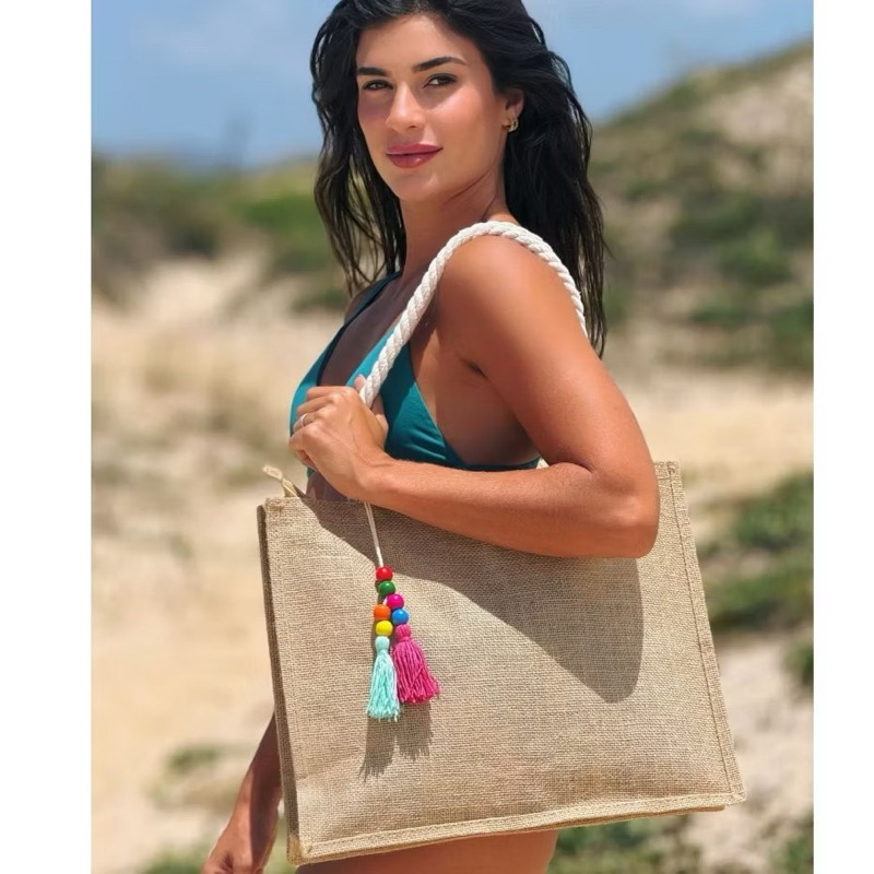 Bolsa De Praia Palha Feminina Zíper De Ombro Sacola Ecobag Tote