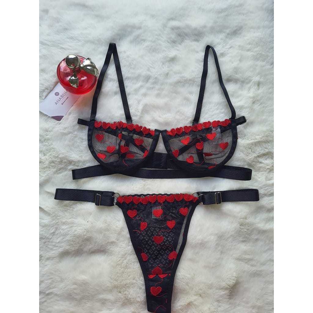 Conjunto lingerie sexy meia taça aro em tule bordado Shopee Brasil