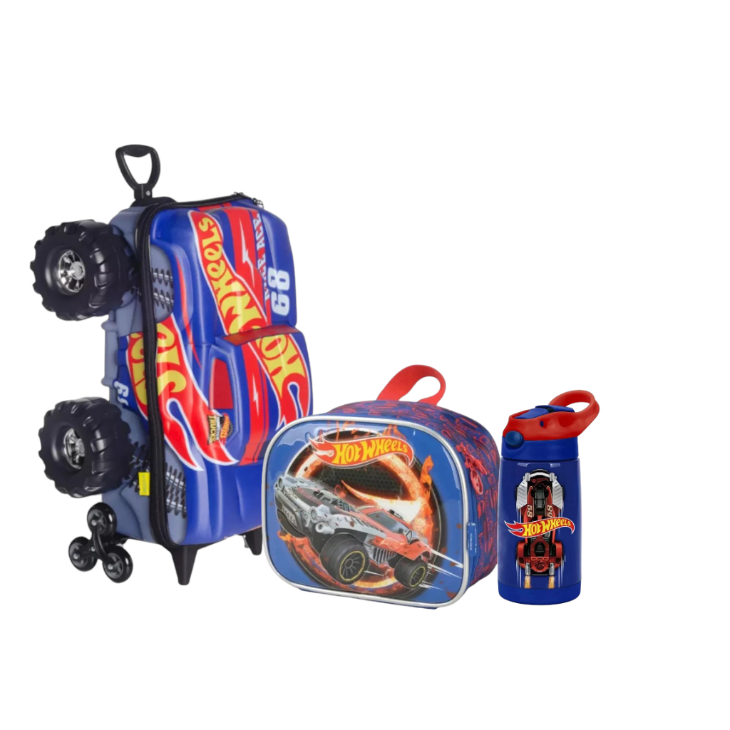 Kit Mochila Malinha Lancheira Garrafinha Hot Wheels Race Ace