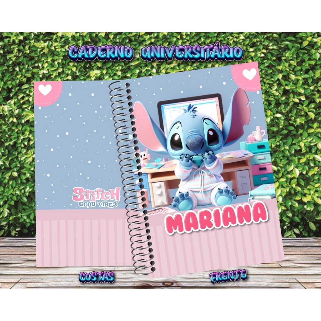 Kit 7 cadernos Stitch personalizado 1 matéria e 1 caderno meia pauta