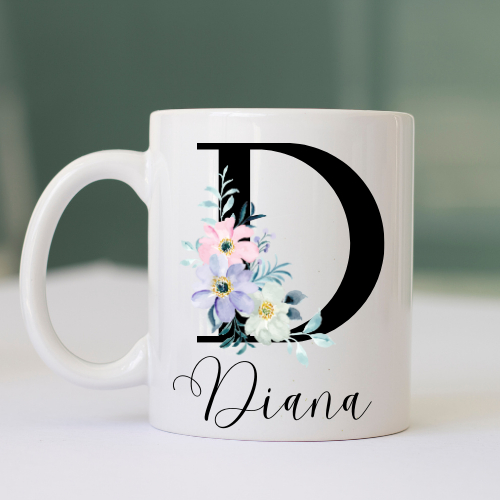 Caneca Personalizada Inicial Nome Alfabeto Floral Foto