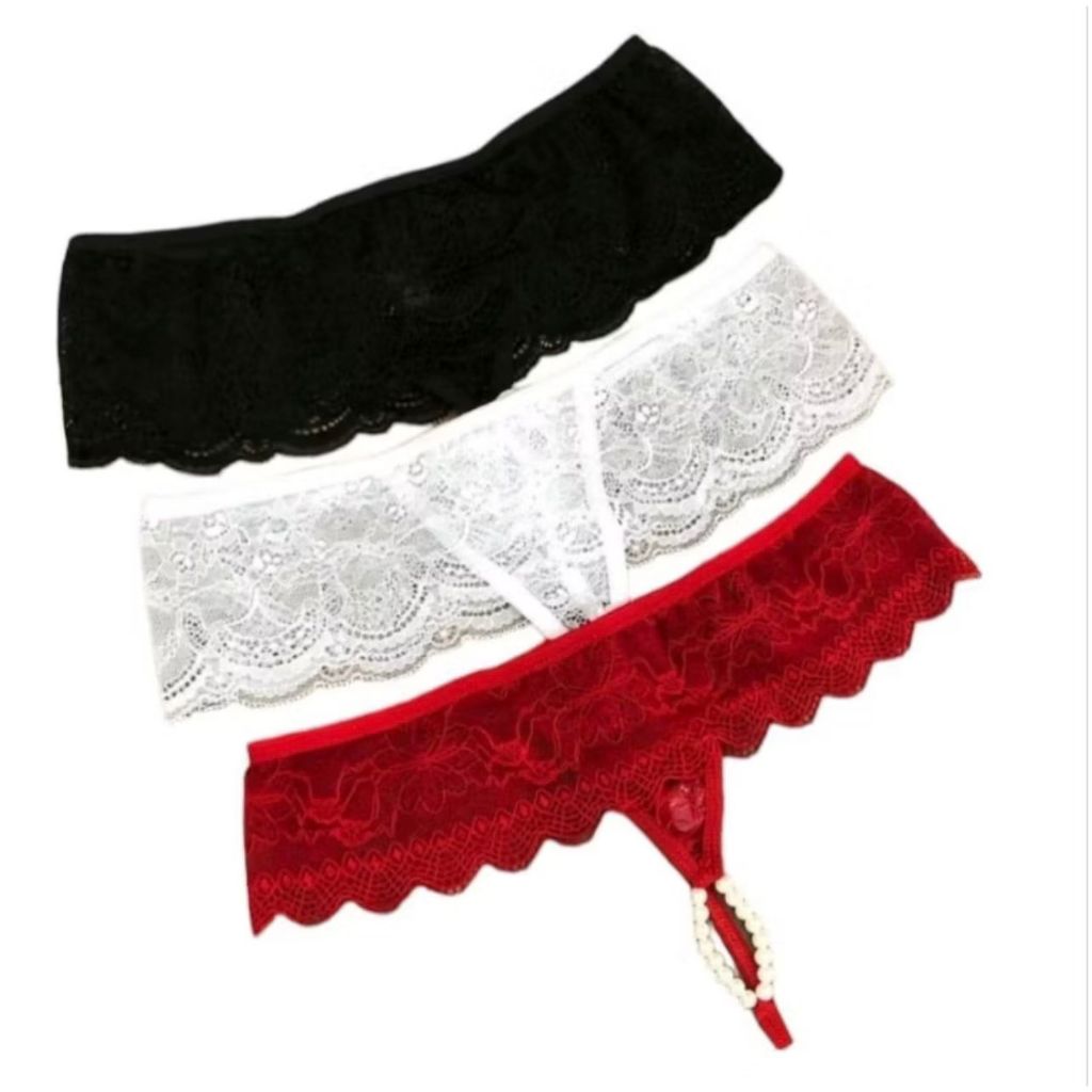 Lingerie Kit 3 Tanga Tailandesa Sexy Renda Calcinha Pérolas
