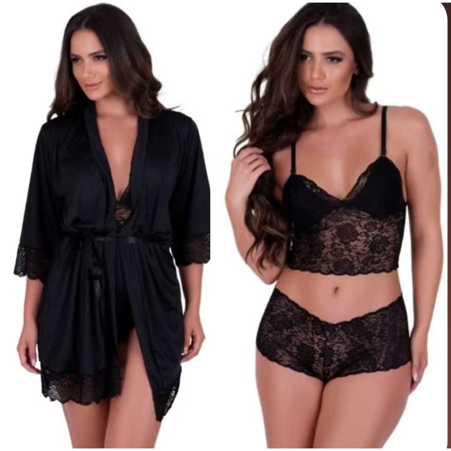 Robe conjunto lingerie de renda roupão detalhes em renda calcinha e