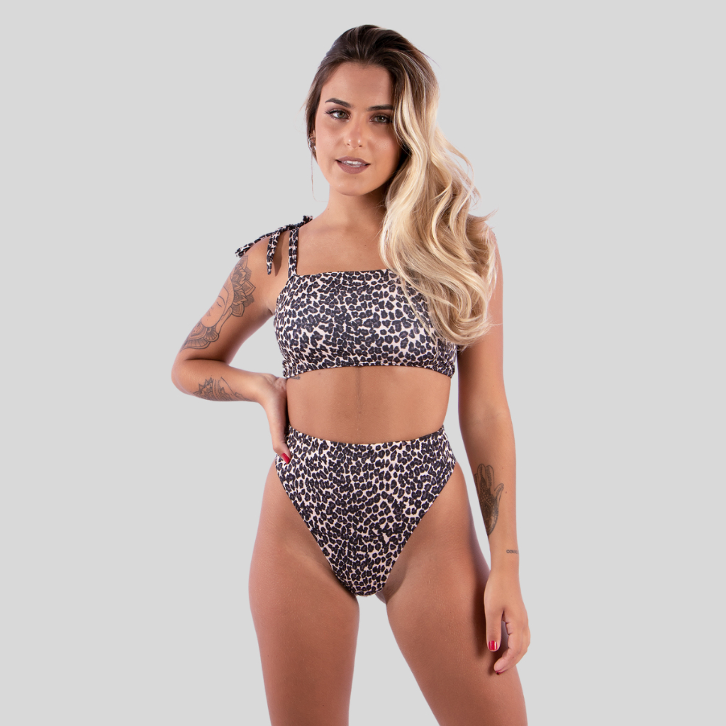 Biquíni Estampado Oncinha Top Faixa Hot Pants Cintura Alta Cropped