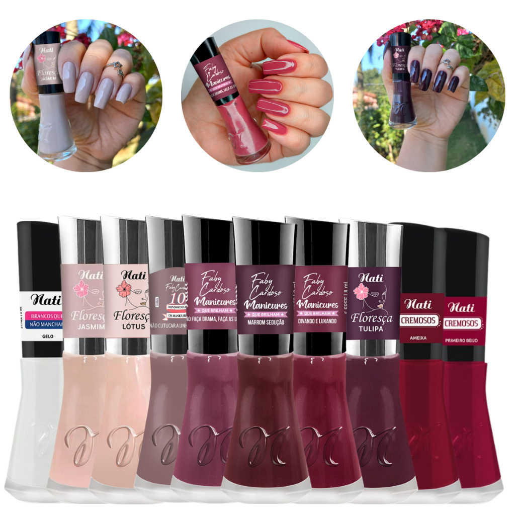 Kit Esmaltes Nati Tons Escuros Vinho E Nude Cores Intensas Escuras