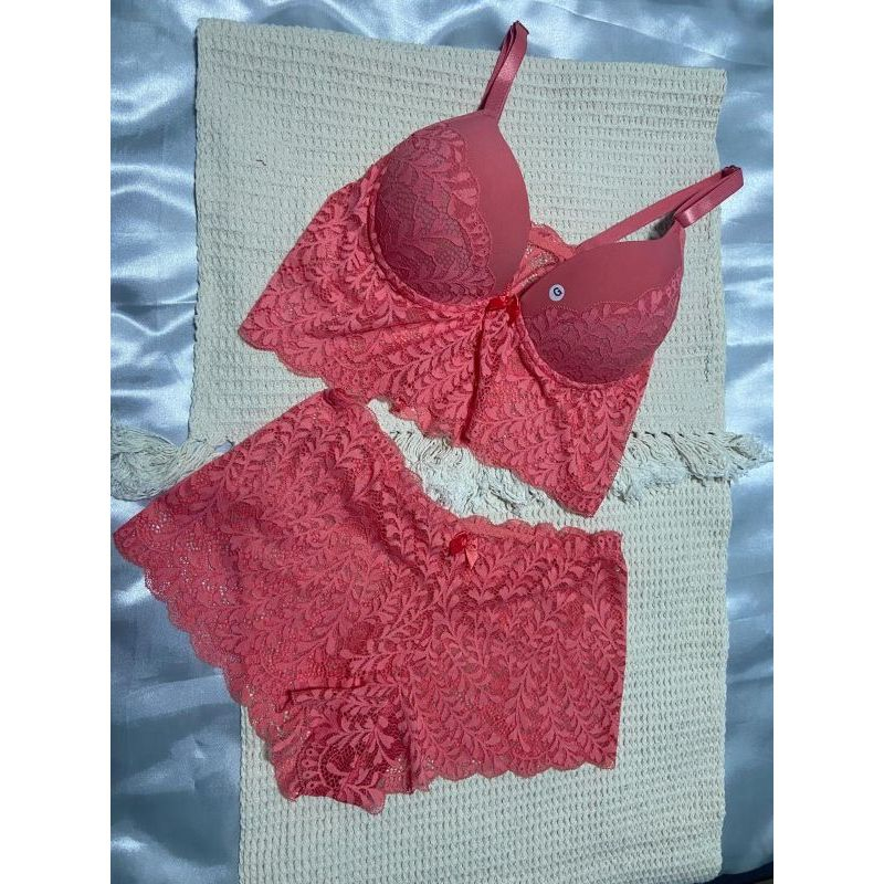 Conjunto Lingerie Cropped Rendado Na Cor Coral Shopee Brasil