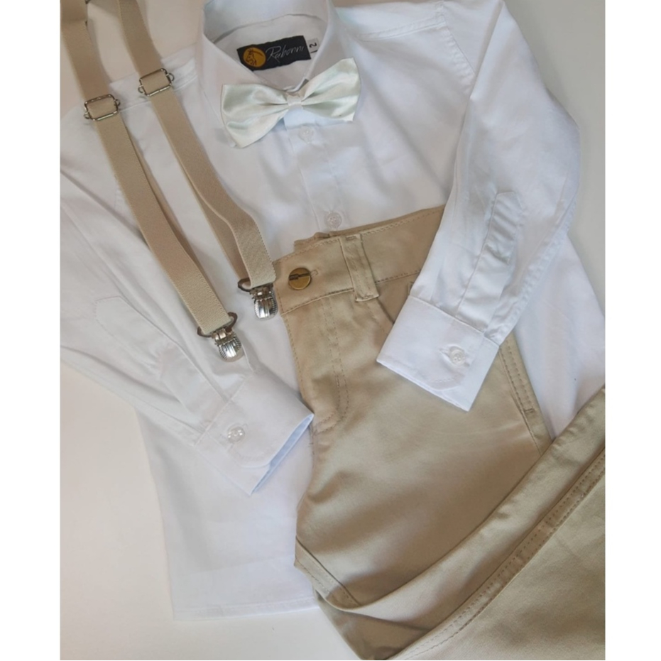 Conjunto batizado nude liso camisa social manga longa calça sarja lycra