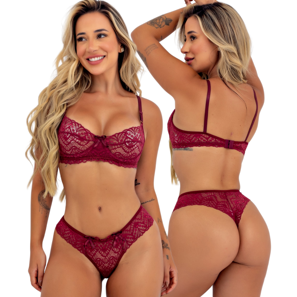 Conjunto Lingerie Luxo Sexy Renda Sem Bojo Aro Sensual Fio Dental