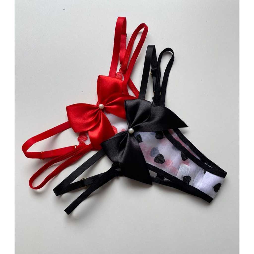 Kit 3 Tangas Tule Bordado Laço Lingerie Calcinha Fio Dental Sexy
