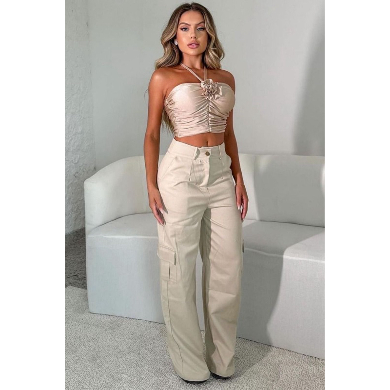 calça Cargo Valentina nude bolso nas laterais Shopee Brasil
