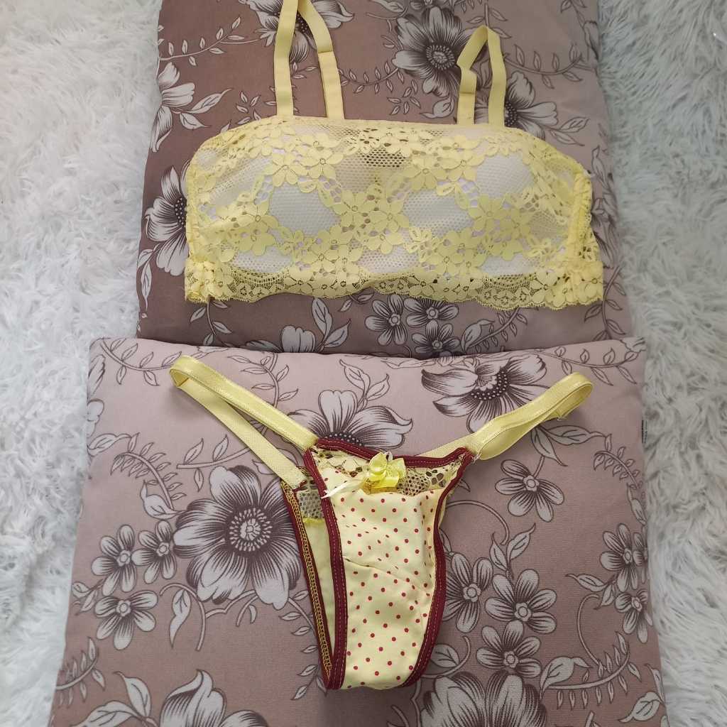 Conjunto Lingerie Bojo Branco Renda Amarela Calcinha Cotom Shopee Brasil