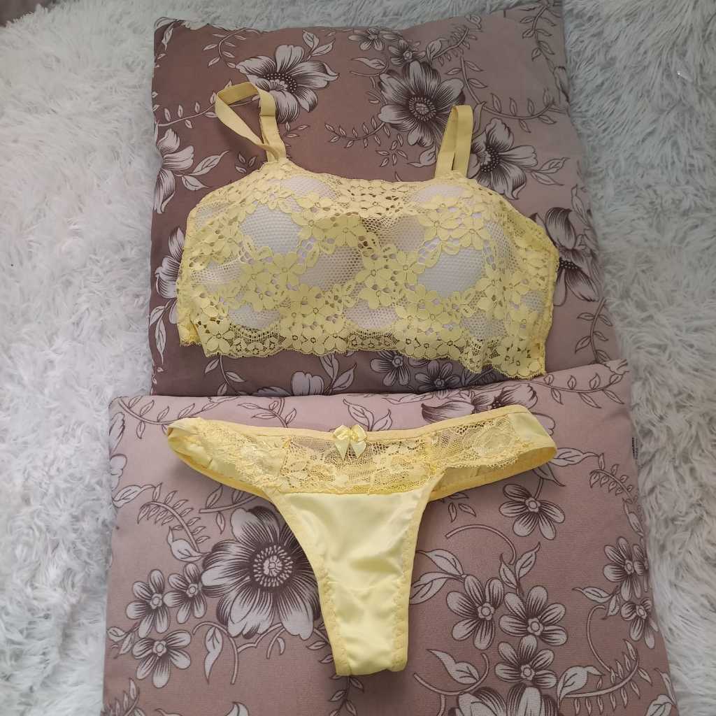 Conjunto Lingerie Bojo Branco Renda Amarela Calcinha Lycra Shopee Brasil