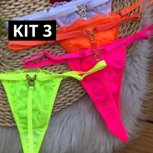 Kit 3 Tangas Playboy Neon Renda Lingerie Sexy Sensual Coelhinha