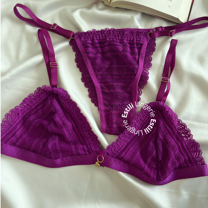 Conjunto Lingerie Sexy Rendado Sem Bojo Sem Aro Pingente Calcinha