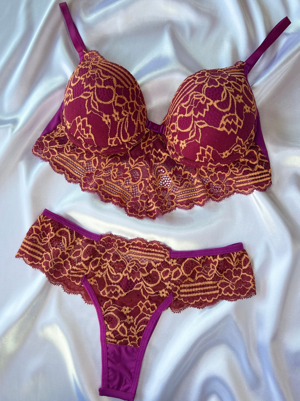 Conjunto Lingerie Bel Calcinha e Sutiã Renda Roxo Laranja Shopee Brasil