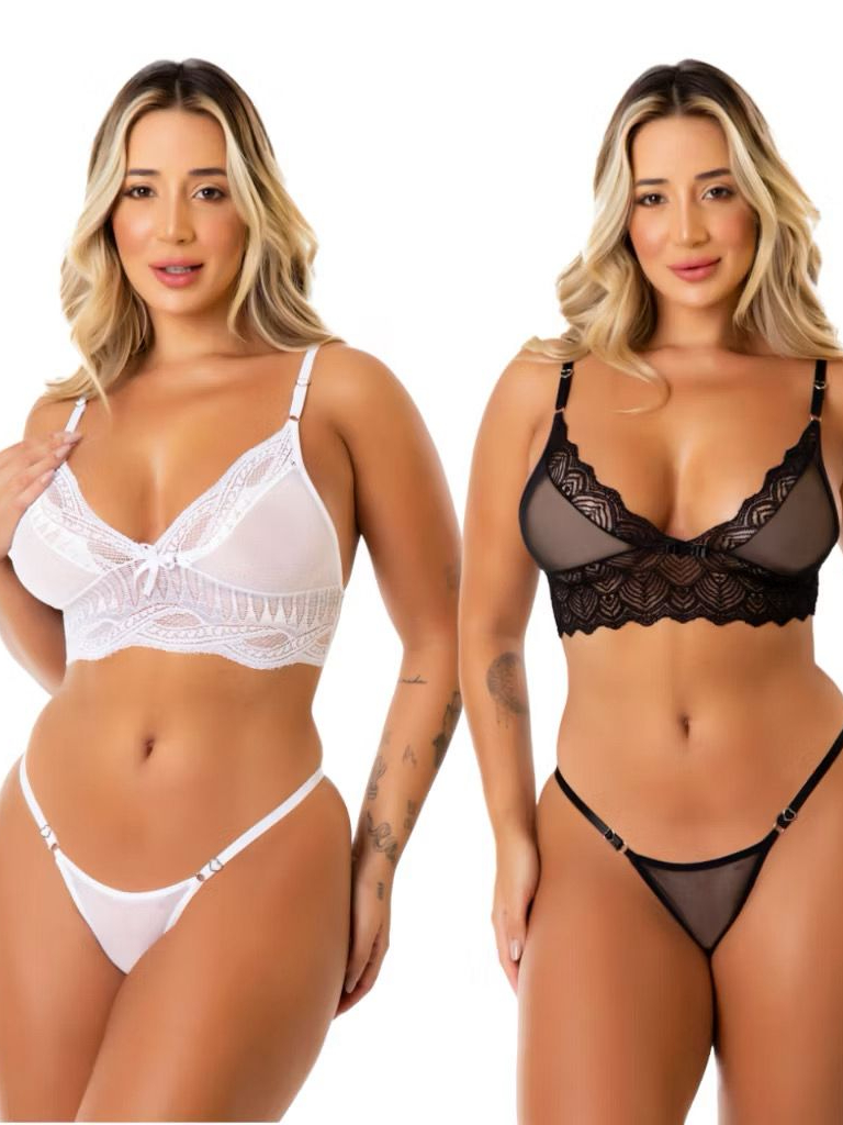 Conjunto de Lingerie Tule Renda Detalhe Coração sensual sutia sem