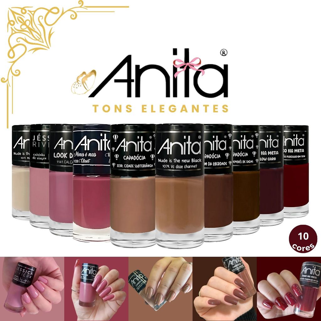 Kit 10 Esmaltes Anita Coleção Tons Elegantes Nude Rosé Marrom para