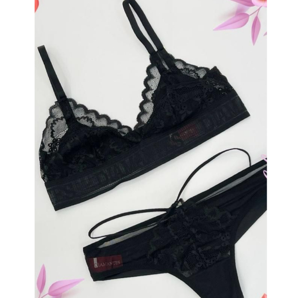 Conjunto Lingerie Sensual Renda Preto Marca Diamantes Sutiã e