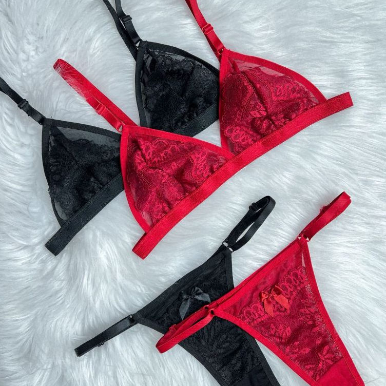Kit 3 Conjunto Lingerie Sexy Sutiã Tule Sensual Calcinha Tanga