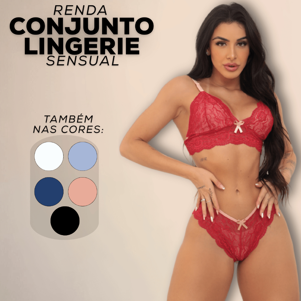 Conjunto Lingerie em Renda Sexy Calcinha e Sutiã sem Bojo Bicolor
