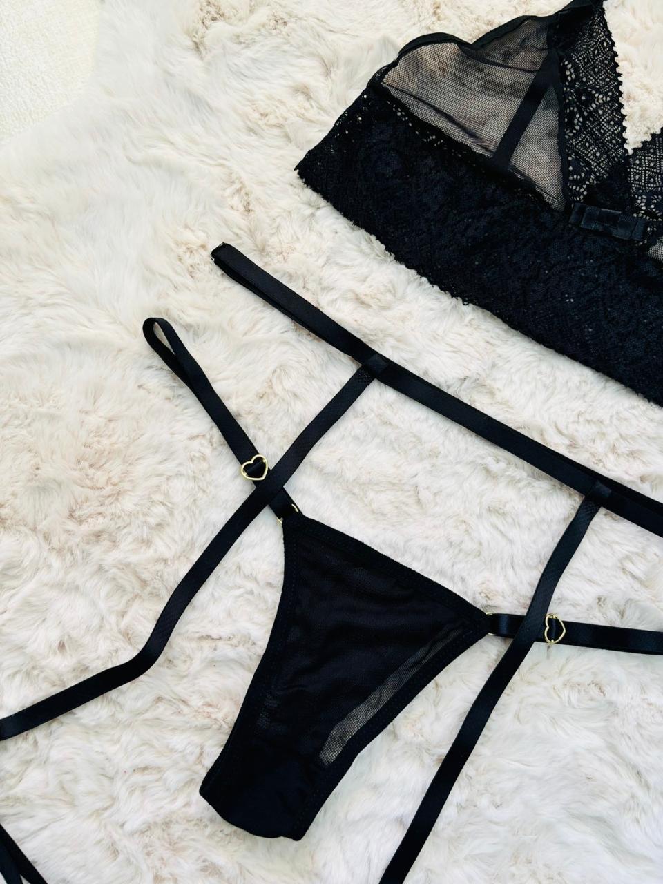 Kit Conjunto Lingerie Sexy Tule Transparente Fio Dental Mais Cinta Liga