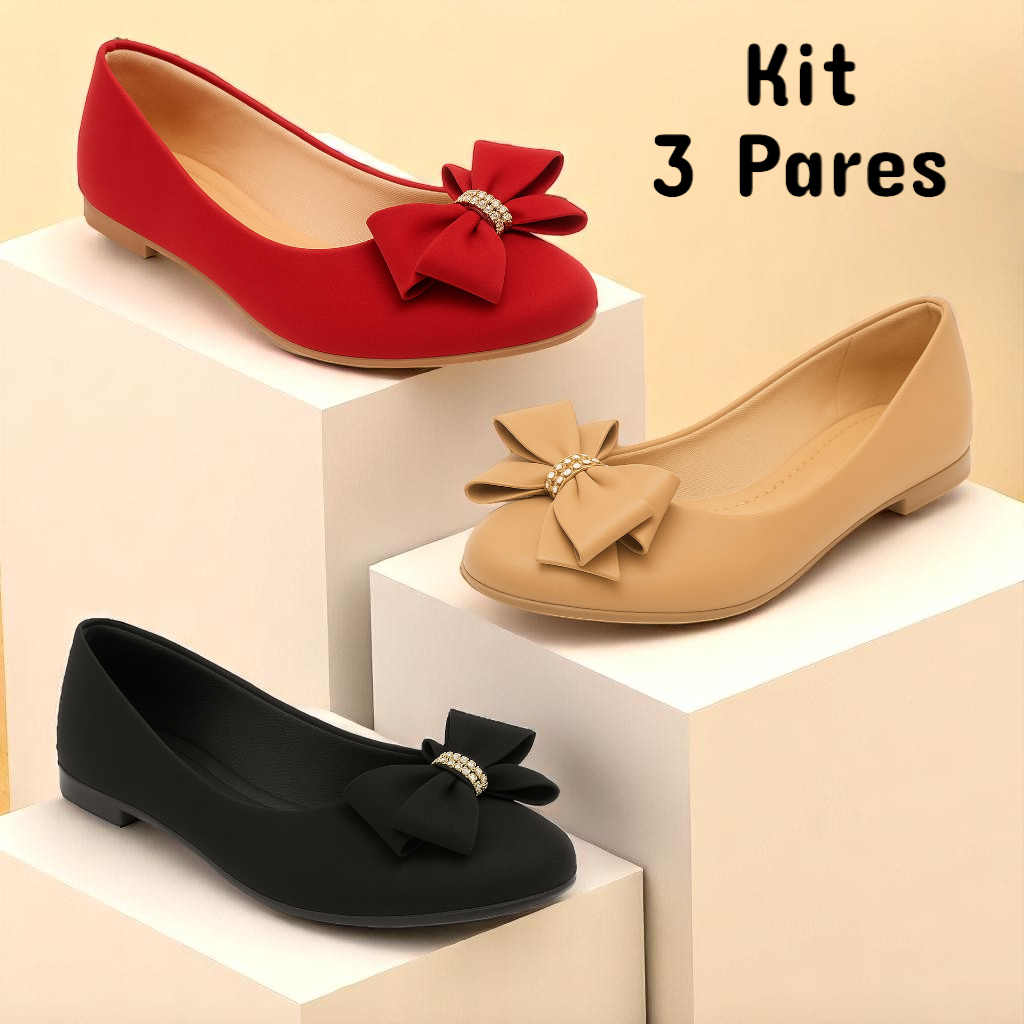 Kit 3 Pares Sapatilha Feminina Bico Fino Laço Preto Nude e Vermelha Shopee Brasil