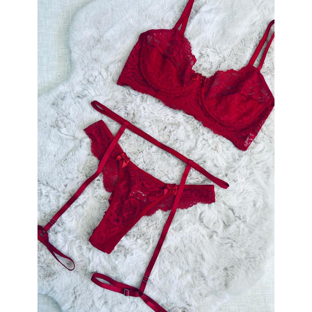 Conjunto Lingerie Sensual De Renda Aro Mais Cinta Liga Sedu O