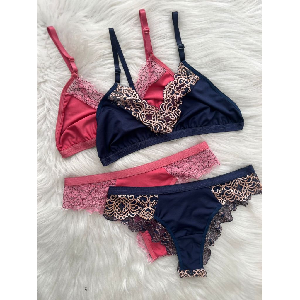 Conjunto Lingerie Sutiã Sem Bojo Em Microfibra Recorte de Renda