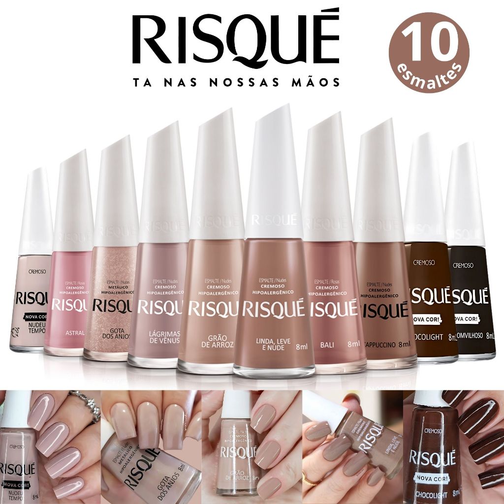 Kit 10 Esmaltes Risqué Diversos Tons Marrons Terrosos e Rosa Nude