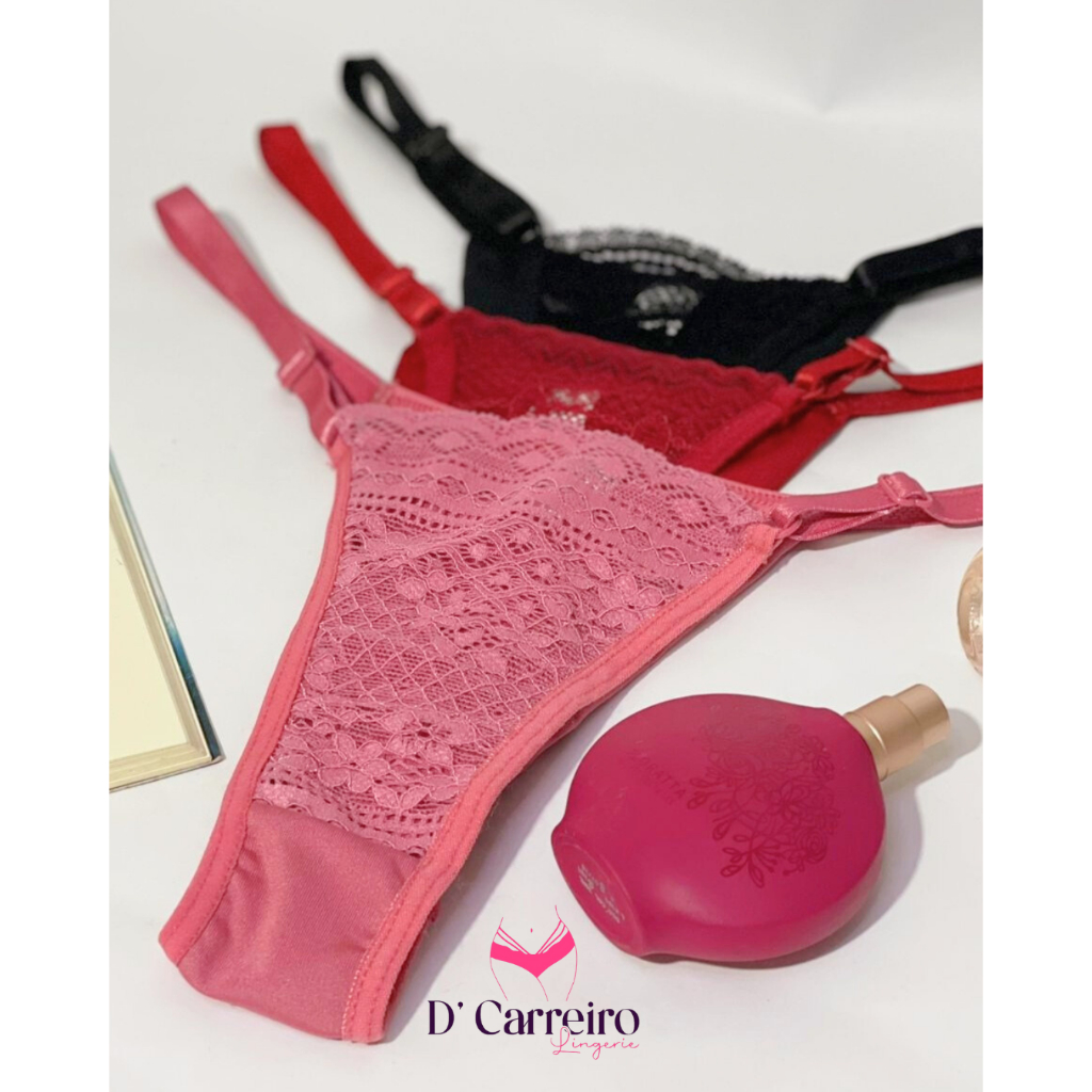 Kit 3 Calcinhas Fio Dental Duplo De Renda E Regulagem Lingerie