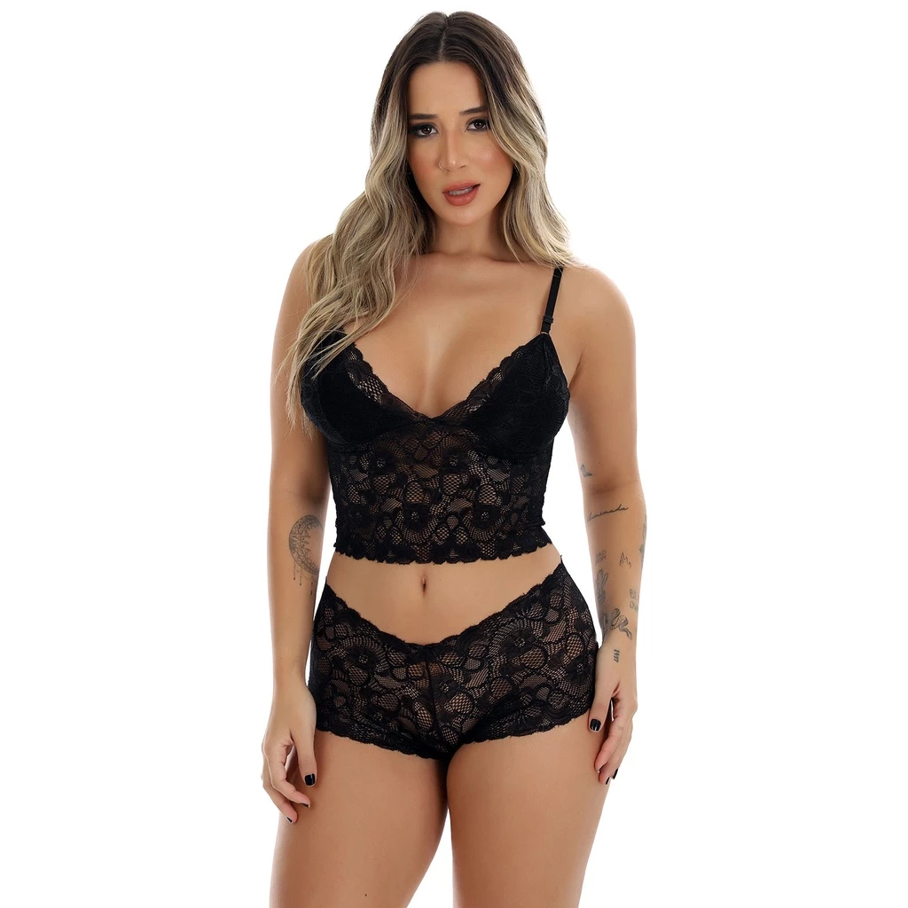 Kit 2 Conjunto Espera Marido Lingerie Renda Sem Bojo Forro 100 Algodão