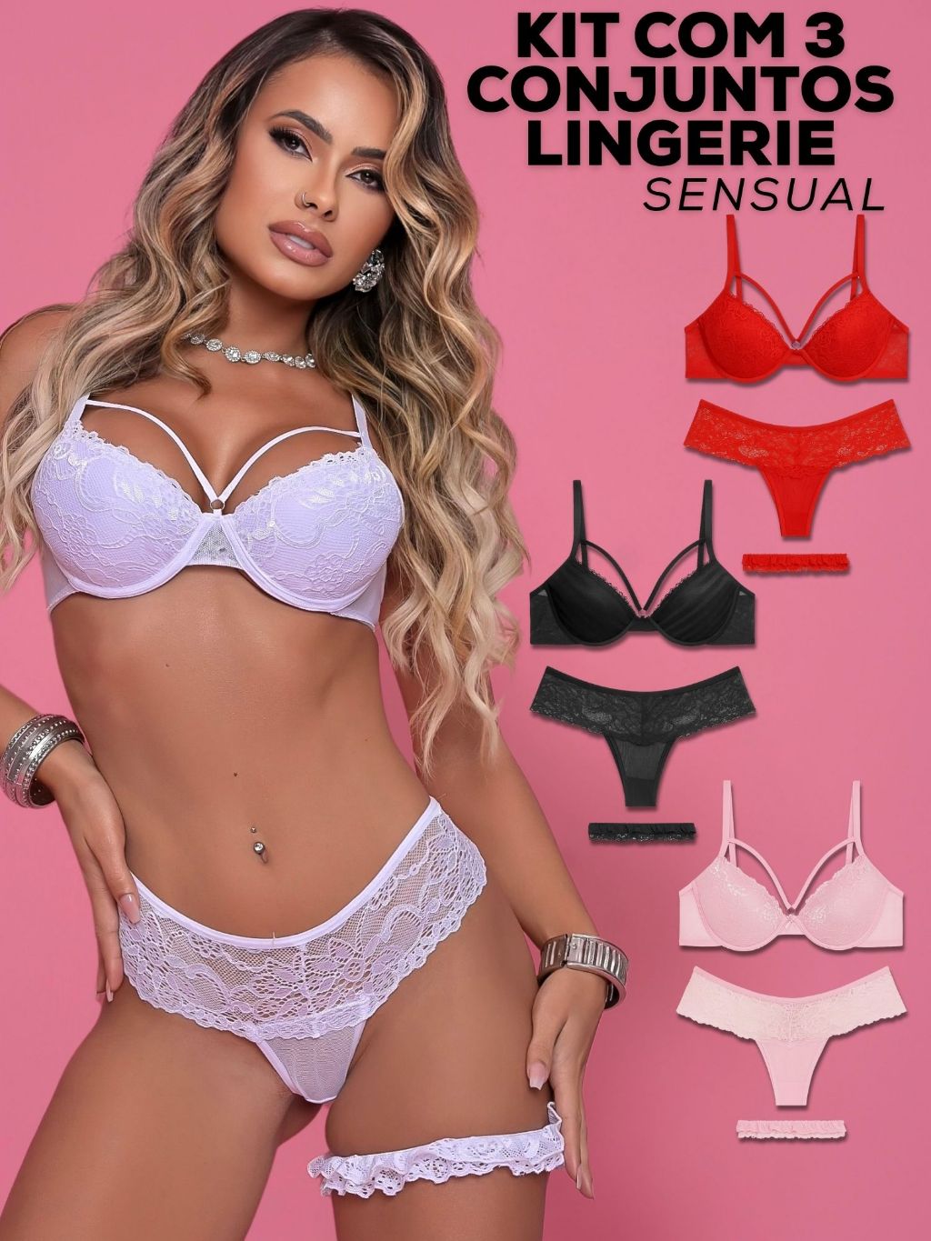 Kit 3 Conjuntos Lingerie Sexys Sensual Renda Delicada Calcinha Fio