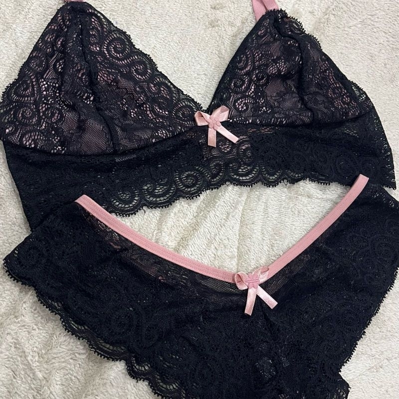 Conjunto Lingerie Bicolor Renda Sutiã sem bojo e Calcinha Shopee Brasil