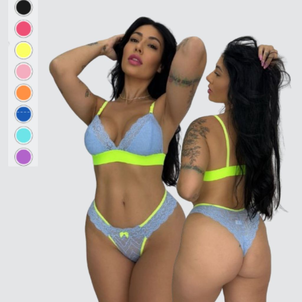 Conjunto Lingerie Renda Bicolor Sensual Neon Moda Conforto Sexy