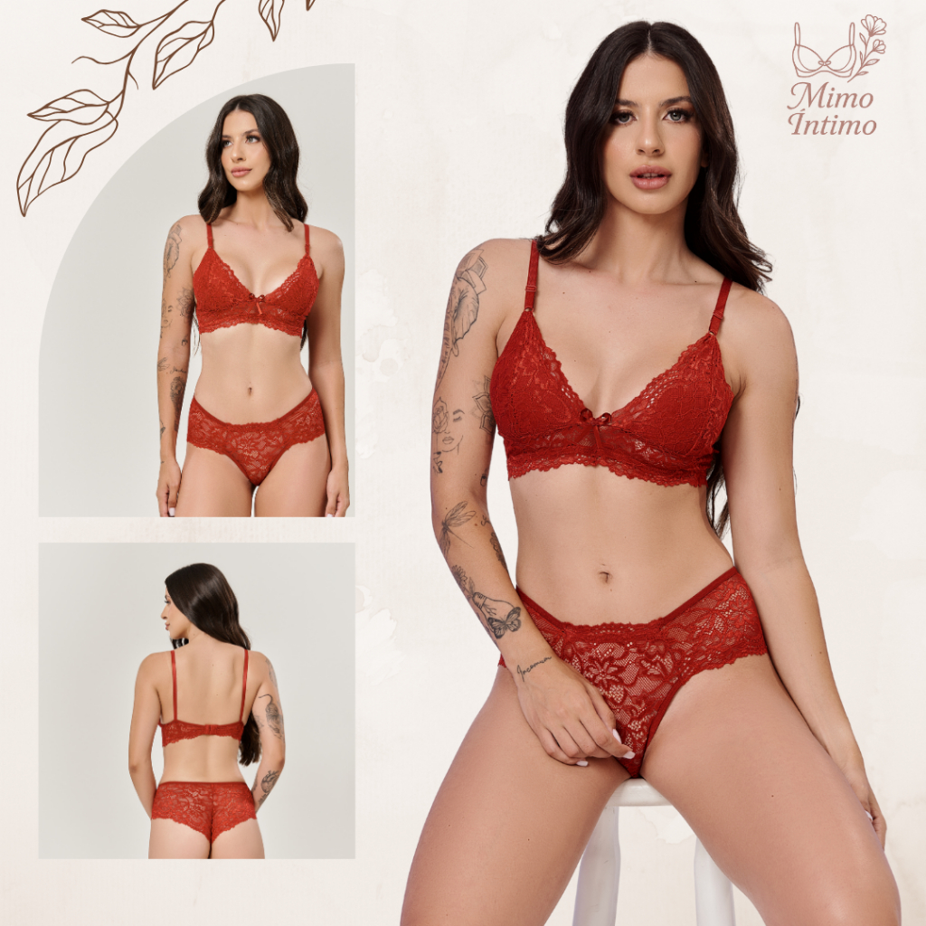 Conjunto Lingerie Renda Sem Bojo Calcinha Sutiã Forrado Conforto