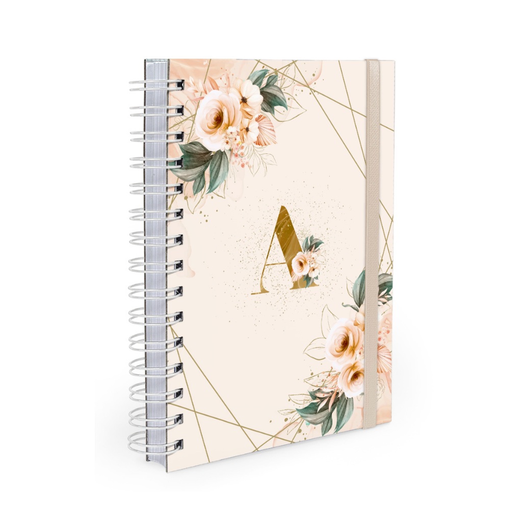 Agenda Planner Dia Por Página Monograma Floral Nude e Dourado