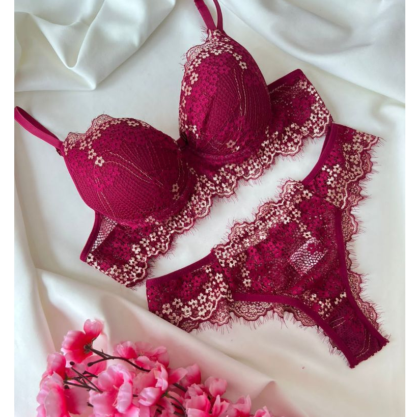 Conjunto Rendado Bicolor Sutiã Calcinha Lingerie Feminina