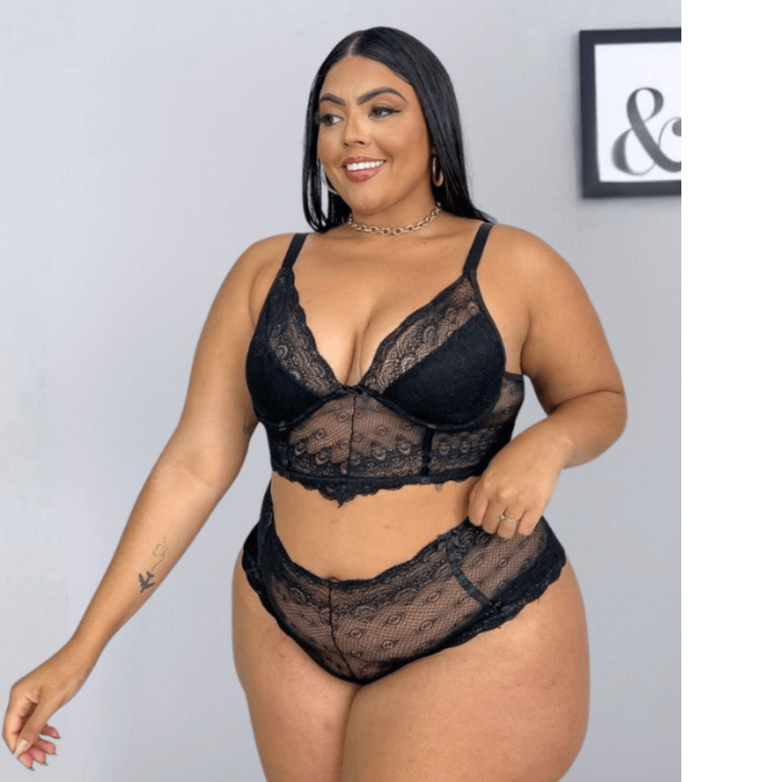 Lingerie Plus Size de Renda Alça Reforçada Conjunto Croped e