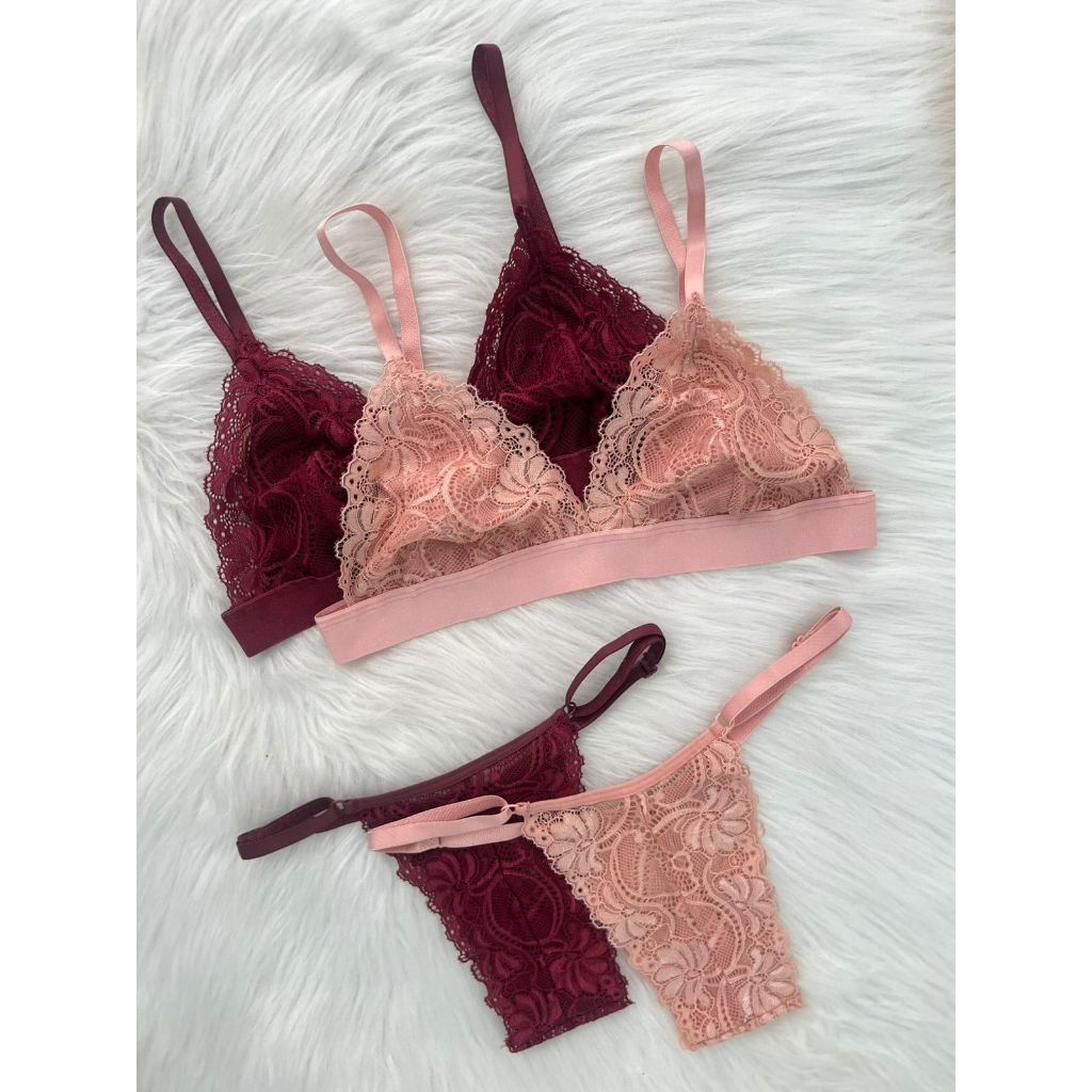 Conjunto de Lingerie Sutiã Sem Bojo Elástico Calcinha de Renda