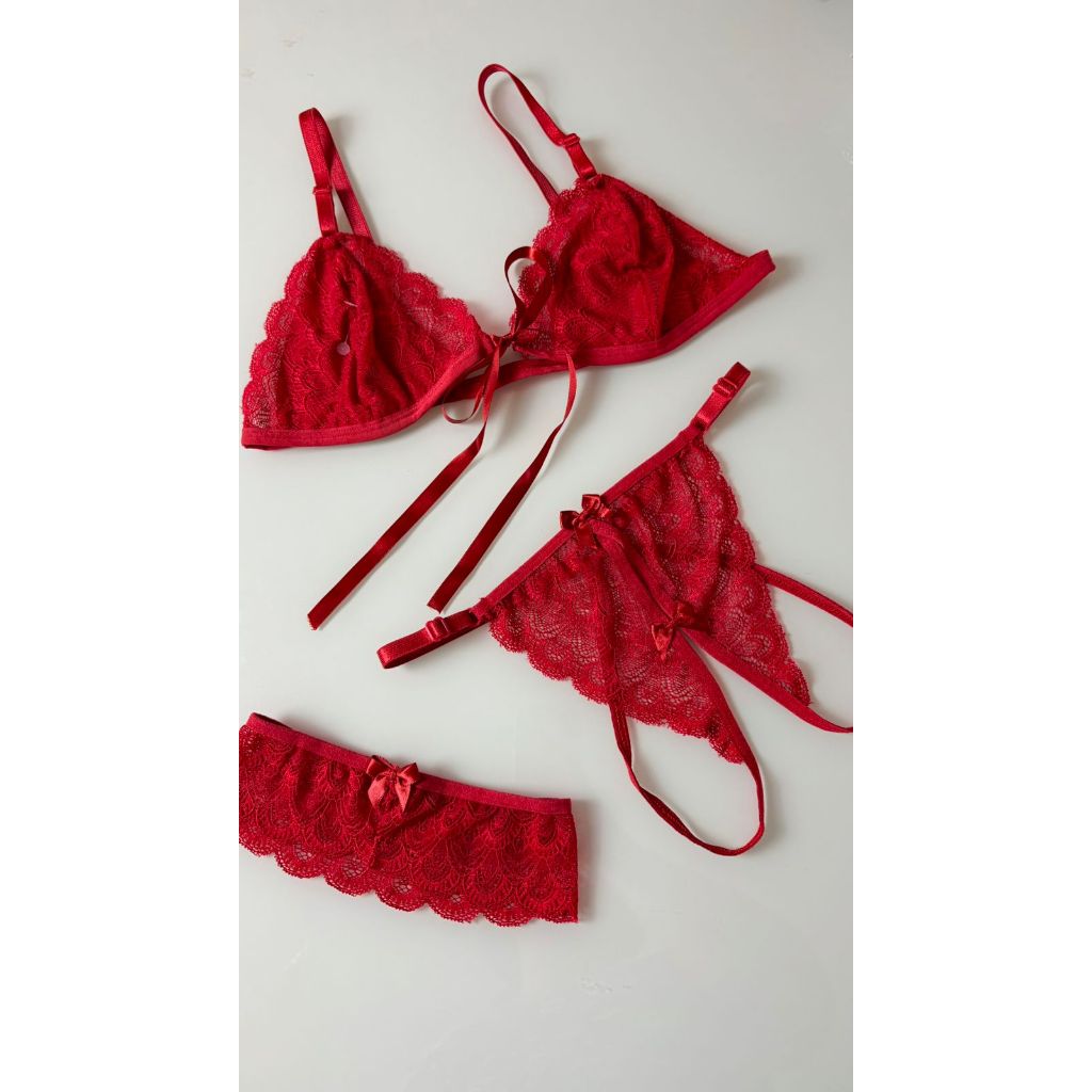 Conjunto De Lingerie Sexy Renda Apressadinha Calcinha Abertura