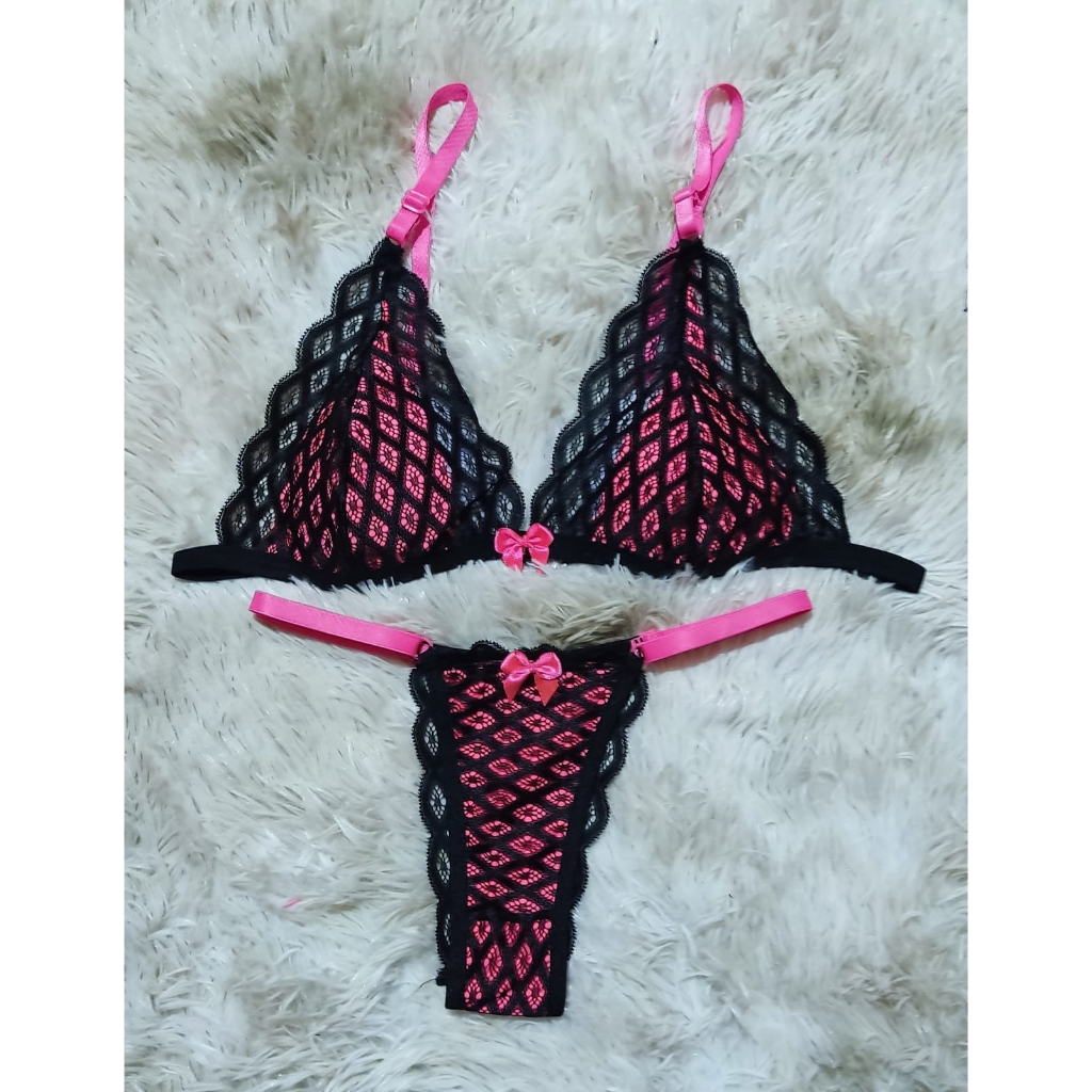Conjunto Lingerie Renda Neon Sexy Sem Bojo Calcinha Fio Dental Langerie