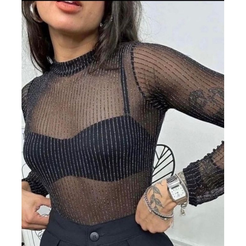 Body Preto Manga Longa Em Tule Fios De Lurex Bore Luxo Shopee Brasil