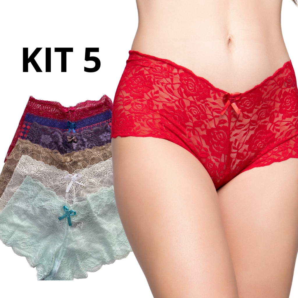 Kit 5 Calcinha Caleçon de Renda Calesson Lingerie Sexy Forro de