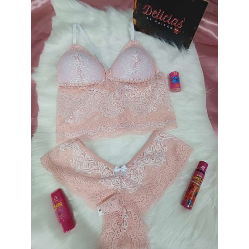 Conjunto De Lingerie Renda Sem Bojo Rosa Claro G Shopee Brasil