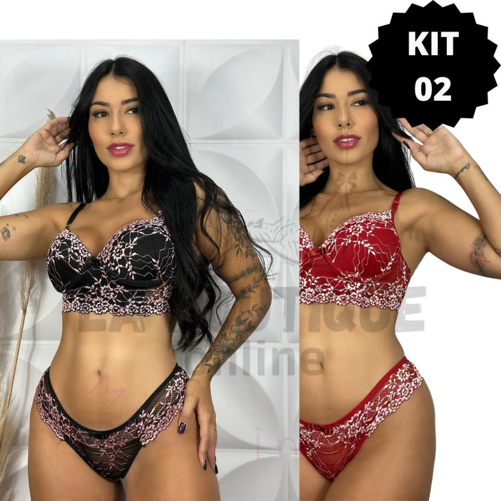 KIT 02 Conjuntos Lingerie Renda Luxo Bicolor Bojo Calcinha E
