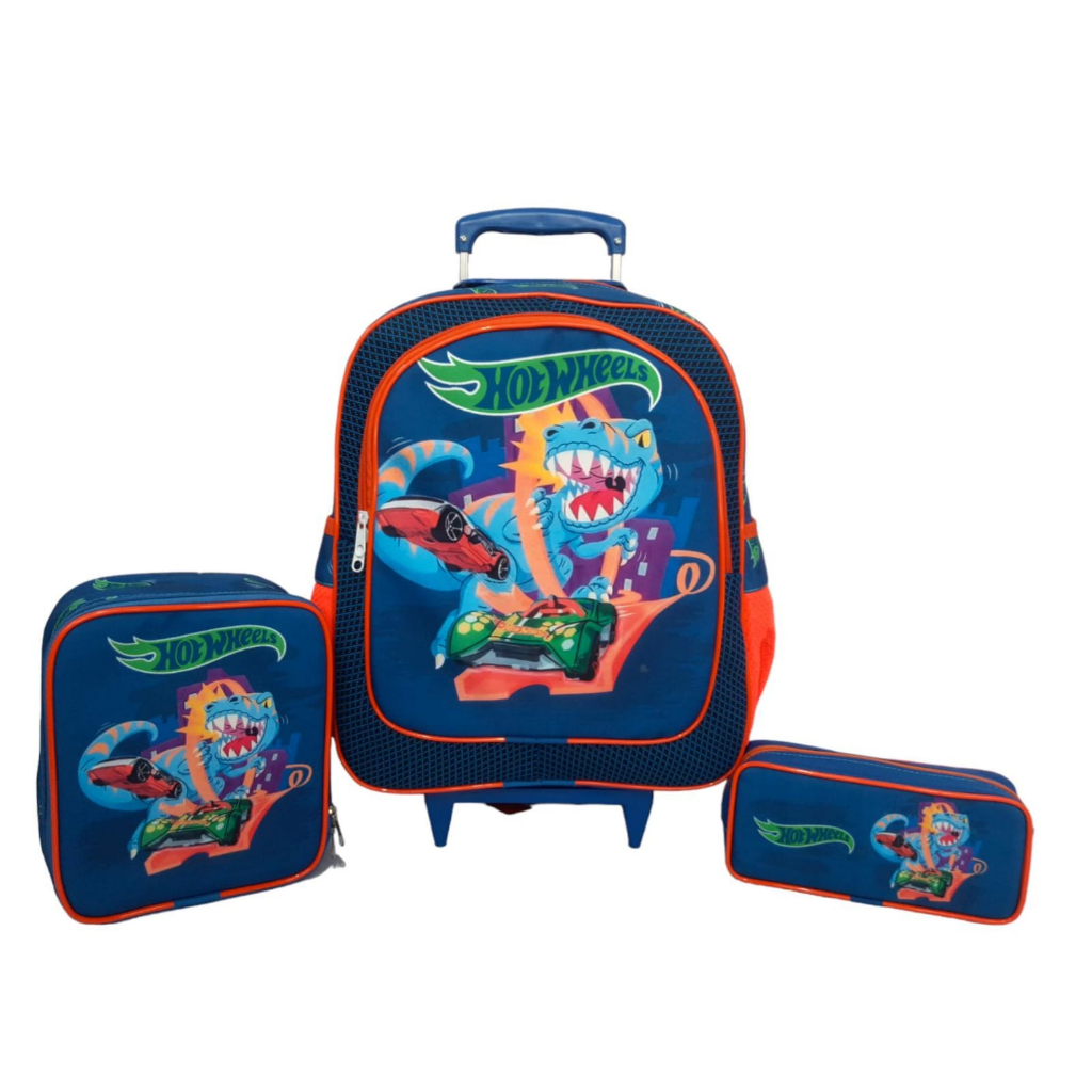 Kit Mochila Infantil Escolar Rodinhas Hot Wheels Dino Tamanho G