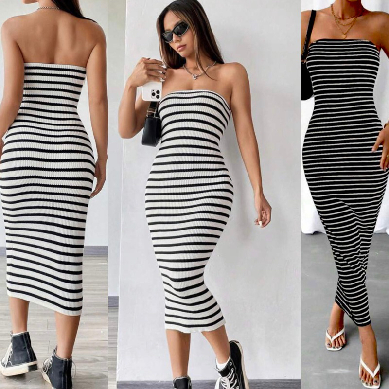 Vestido Tomara Que Caia Reto Midi Bicolor Listrado Anarruga Feminino