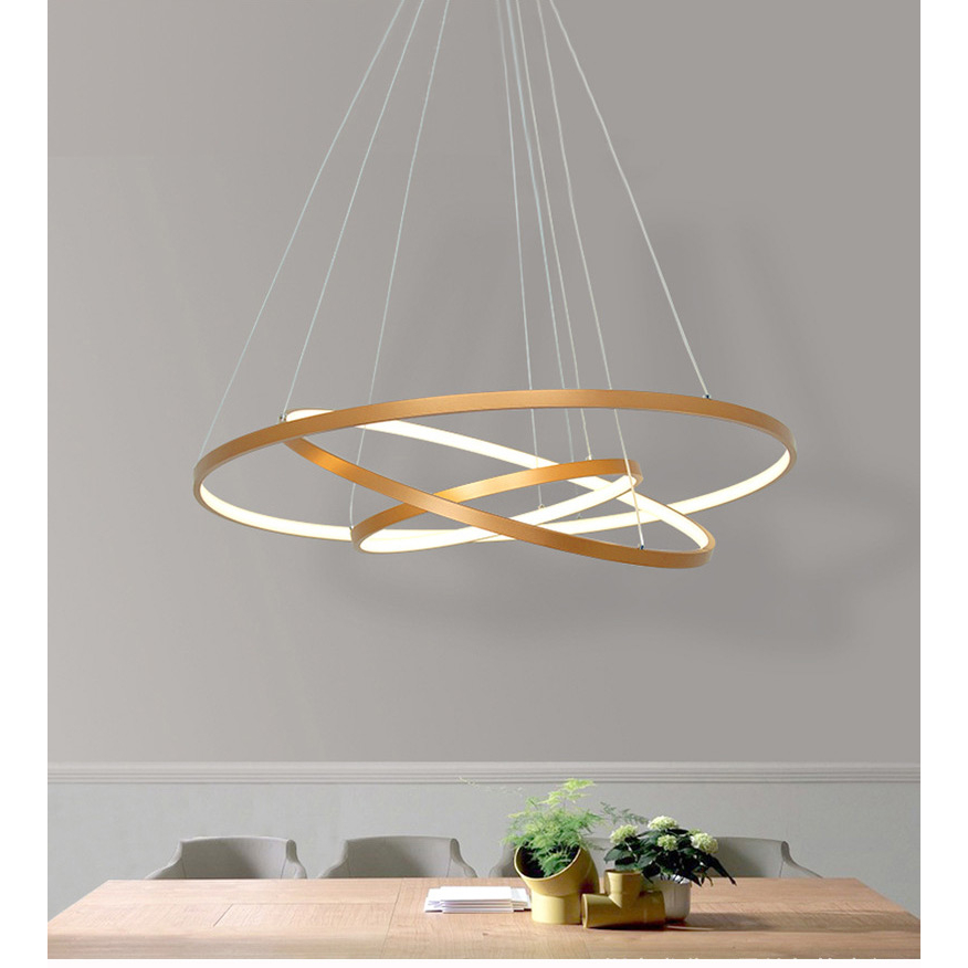 Lustre Pendente Moderno Anéis Led 89w 3 Arcos Dourado 80cm pé direito