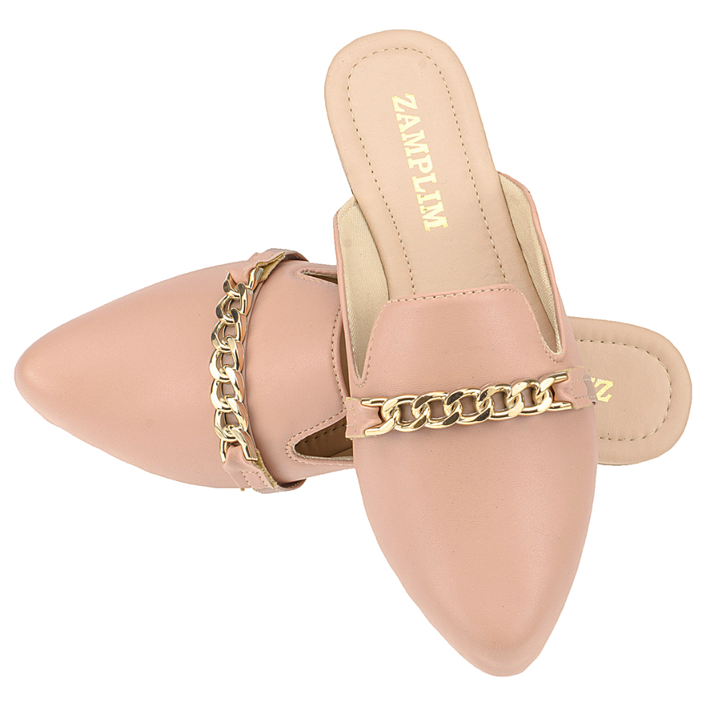 Sapato Feminino Mule Sapatilha Bico Fino Original Nude Corrente