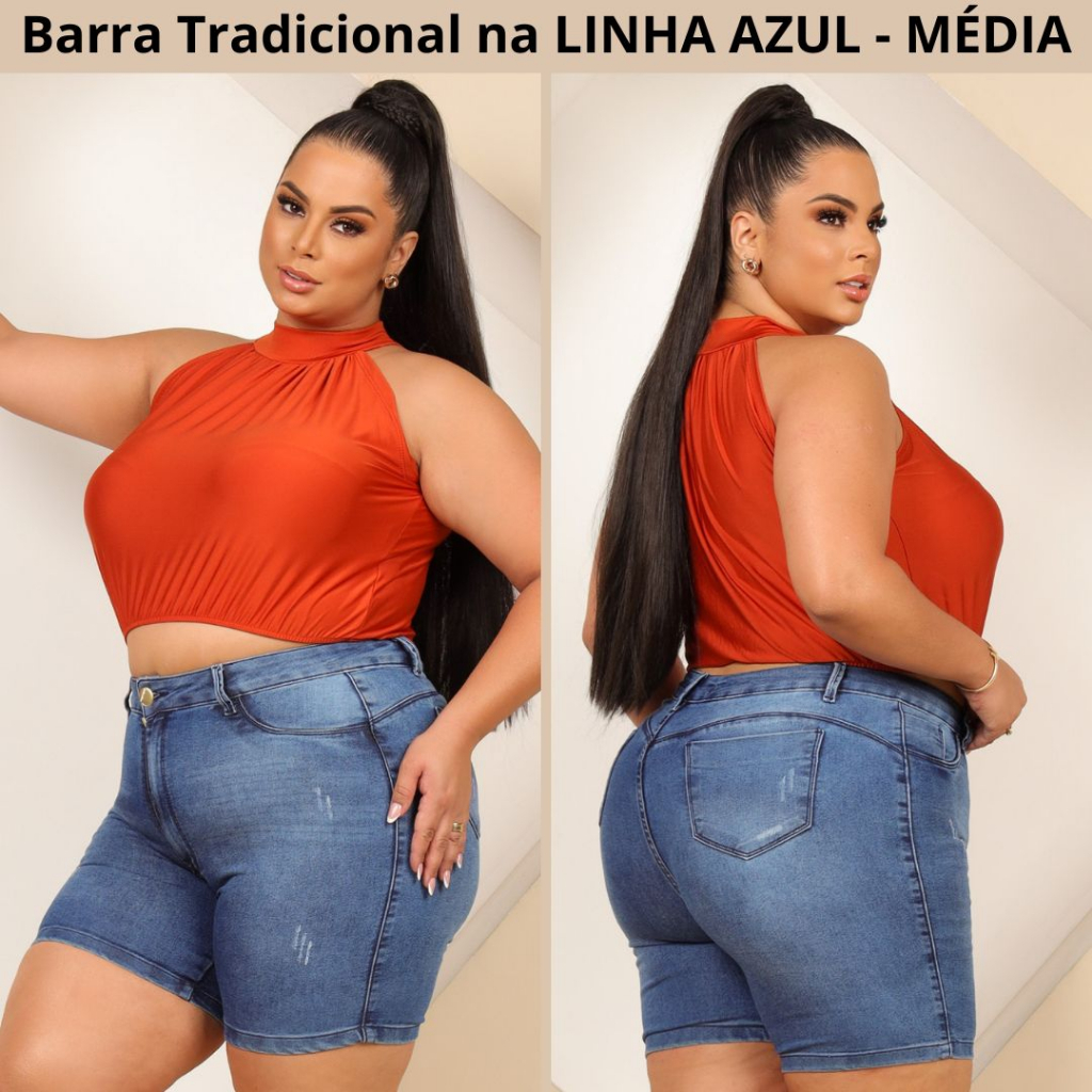 Bermuda Meia Coxa Jeans Feminina Cintura Alta Lycra Empina Bumbum